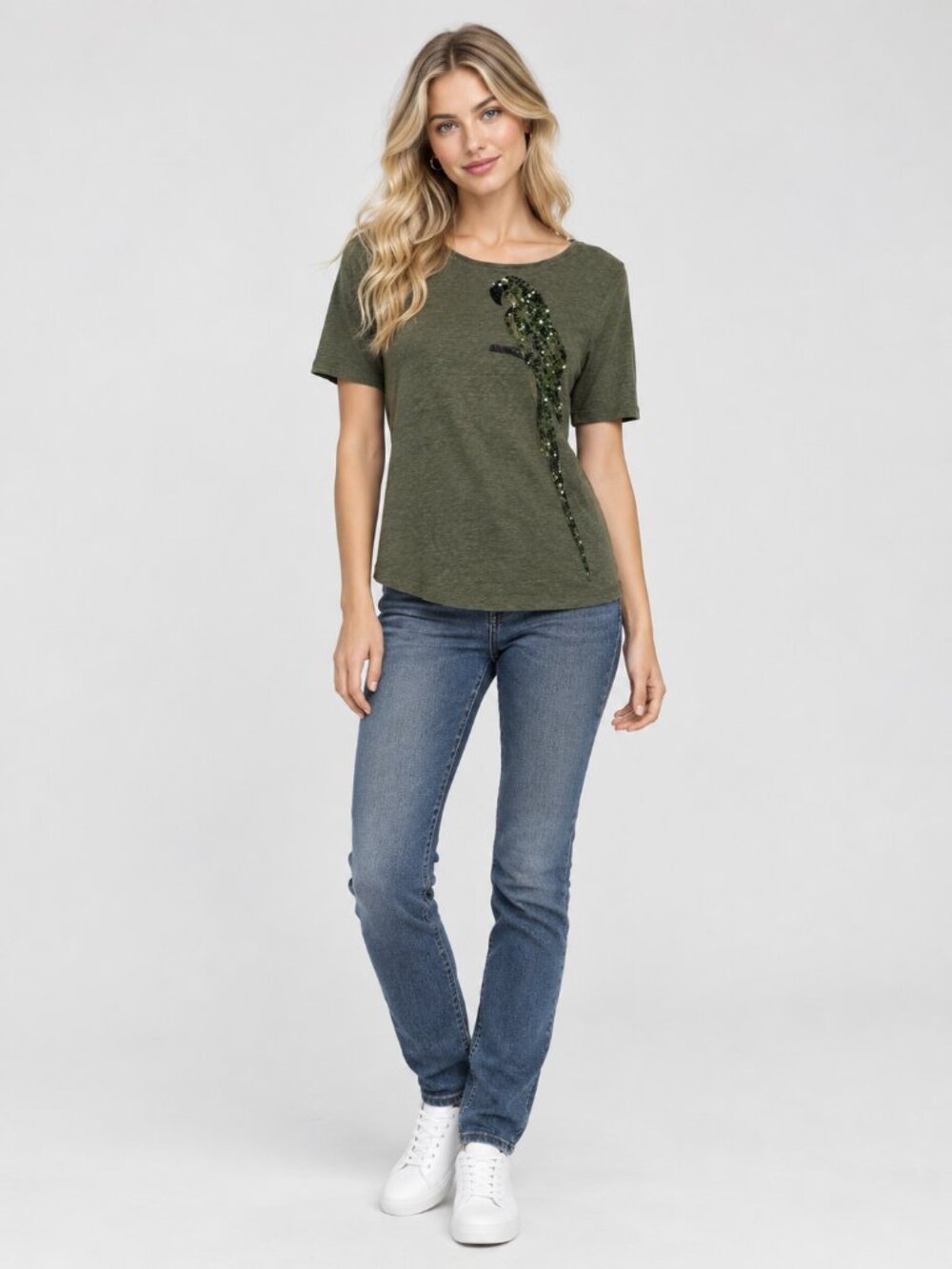 2/$30 Chico's Sequin Parrot Embellished T-Shirt Short Sleeve Tee Olive 8 #A6076
